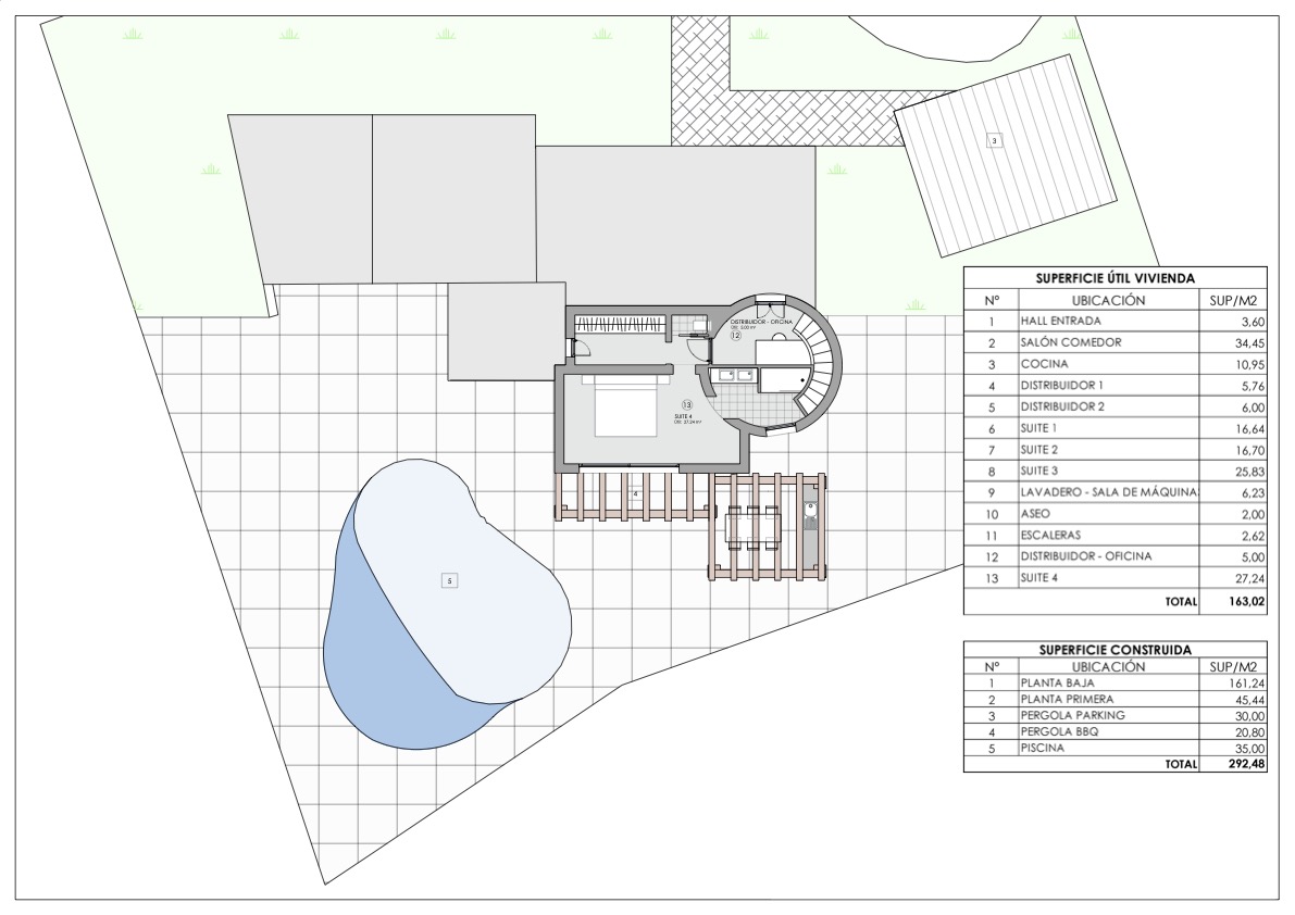 Gedetailleerde technische plattegrond van de bovenverdieping met Suite 4, kantoor, terras met pergola en zwembad, inclusief tabellen met de gebruiksoppervlakte en bebouwde oppervlakte.