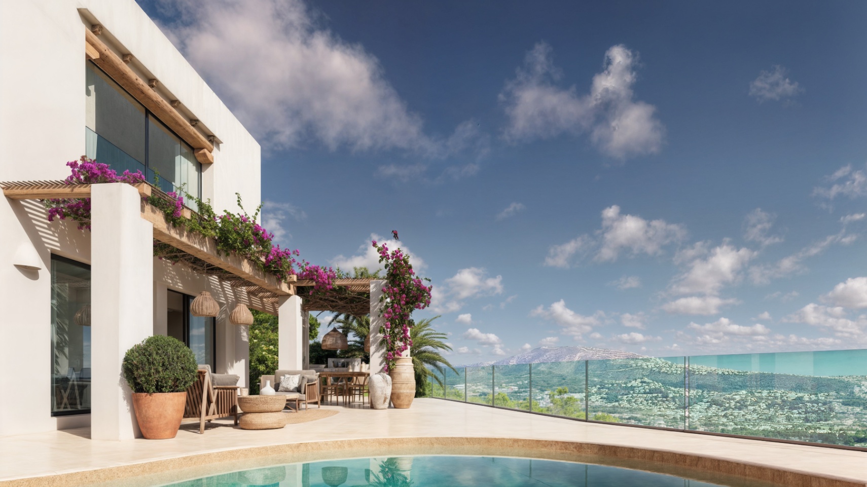 Hoofdterras met gebogen zwembad, houten pergola's met bougainville en panoramisch uitzicht over de vallei achter een glazen balustrade.