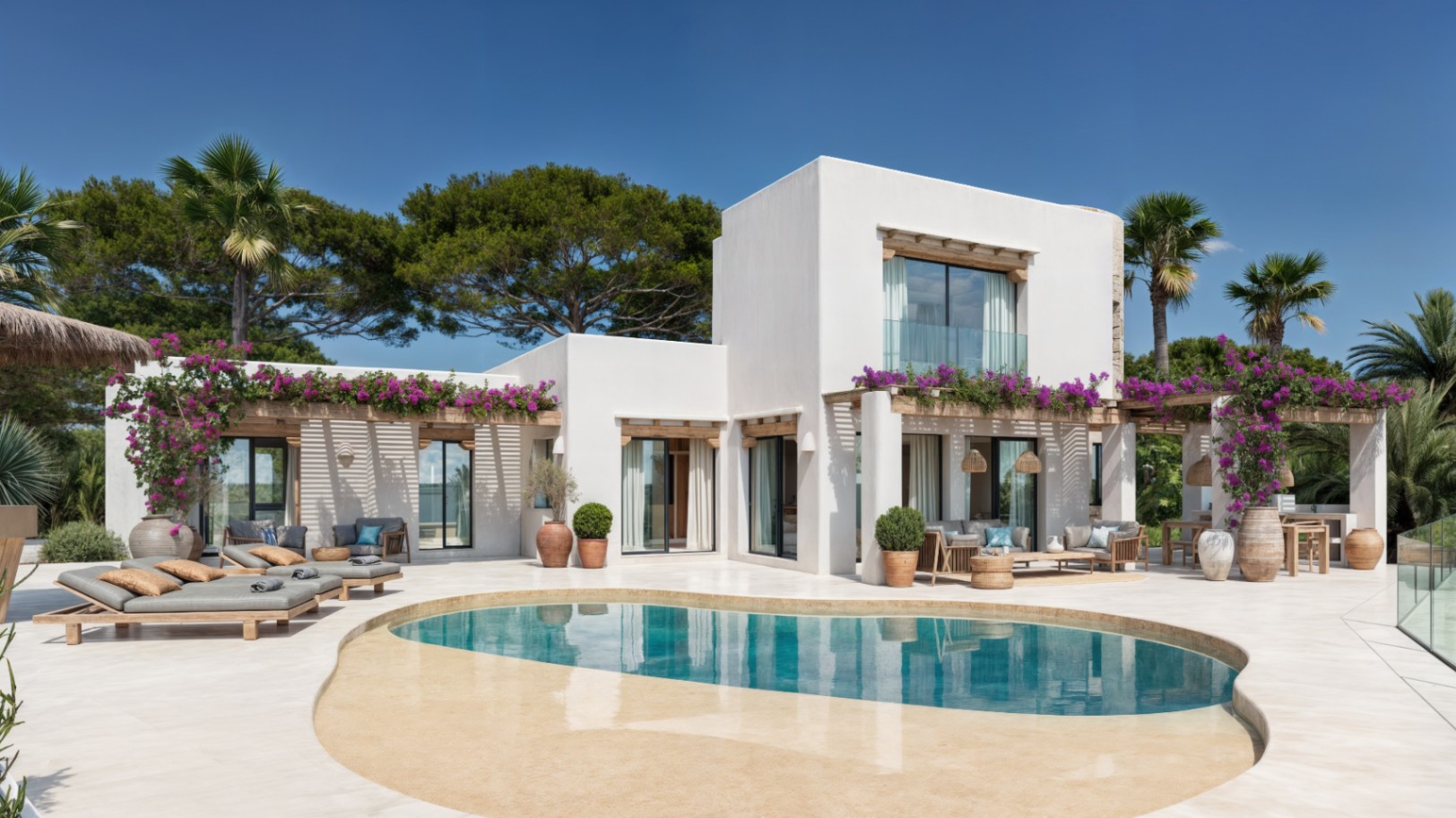 Villa in Ibizastijl met witte gevels, houten balken en pergola's met bougainville. Voorzien van een organisch gevormd zwembad en ruime terrassen met zithoeken.