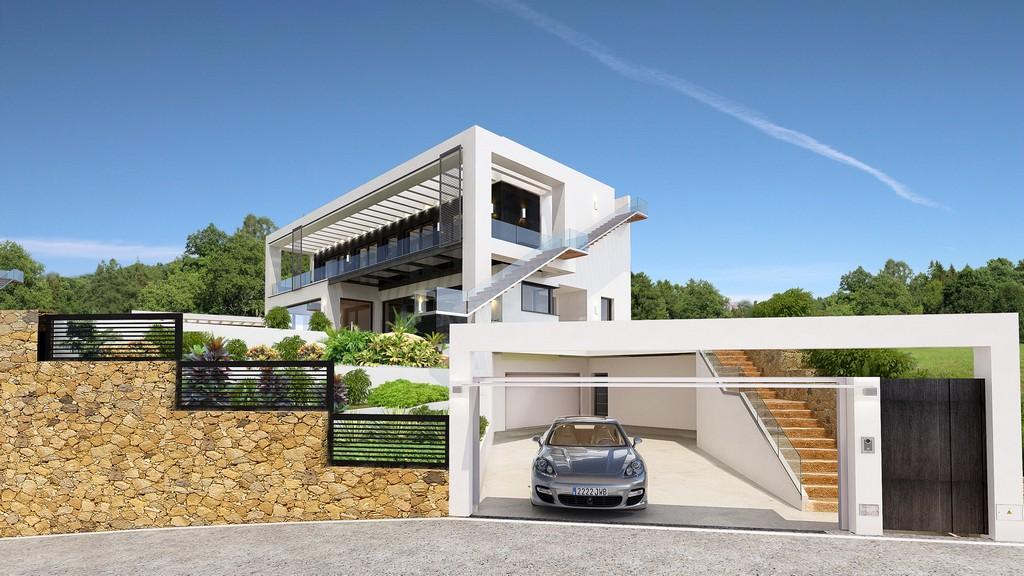 Moderne villa met een witte minimalistische gevel, natuurstenen muren, een geïntegreerde garage en designtrappen met glazen balustrades.