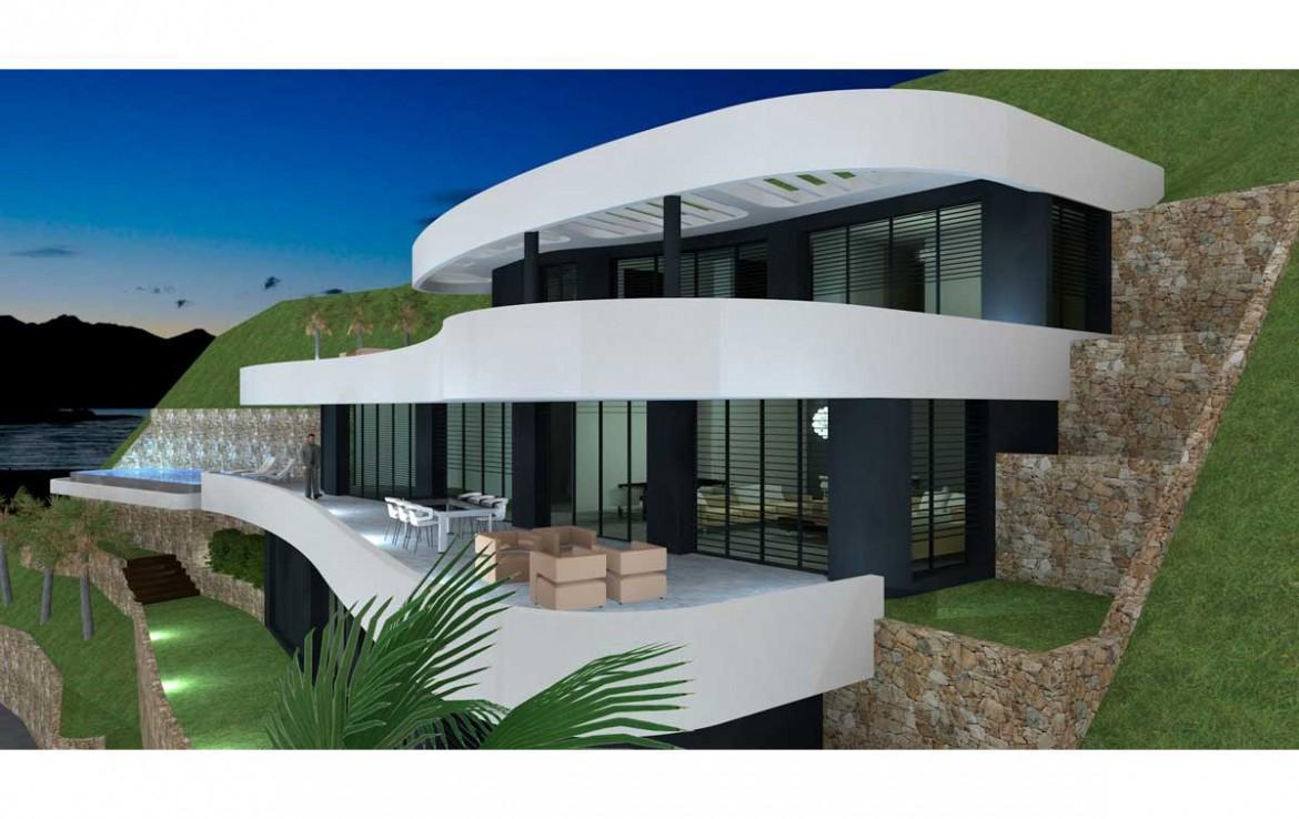 Exterieur van de villa met meerdere niveaus, gekenmerkt door witte gebogen terrassen, kamerhoge glaspartijen en natuurstenen muren geïntegreerd in de heuvel.