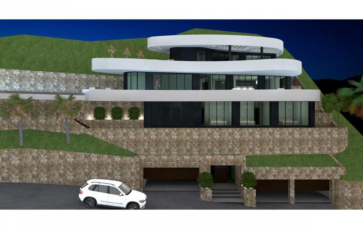 Exterieur van drie verdiepingen met gebogen witte terrassen, kamerhoge raampartijen en natuurstenen muren. Het onderste niveau beschikt over twee dubbele garages.