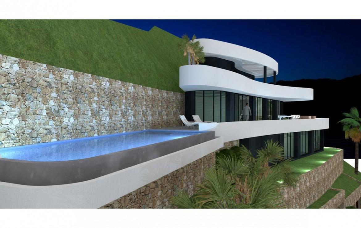 Nachtzicht met verlicht overloopzwembad, gebogen minimalistische terrassen en natuurstenen muren die in de architectuur zijn geïntegreerd.