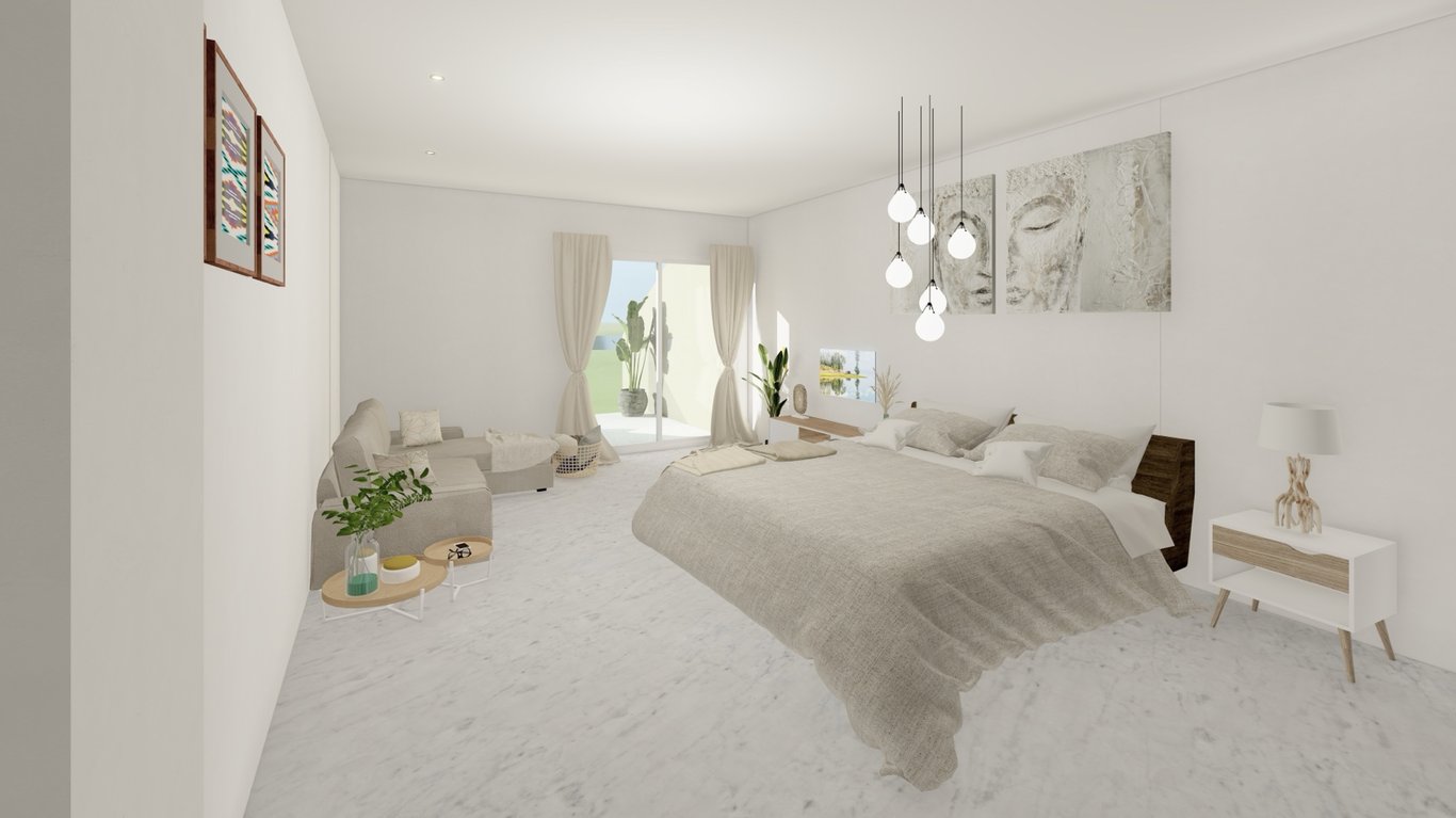 En-suite slaapkamer met marmeren vloer, zithoek en toegang tot het terras. Voorzien van moderne hanglampen en een verfijnd interieur in neutrale tinten.