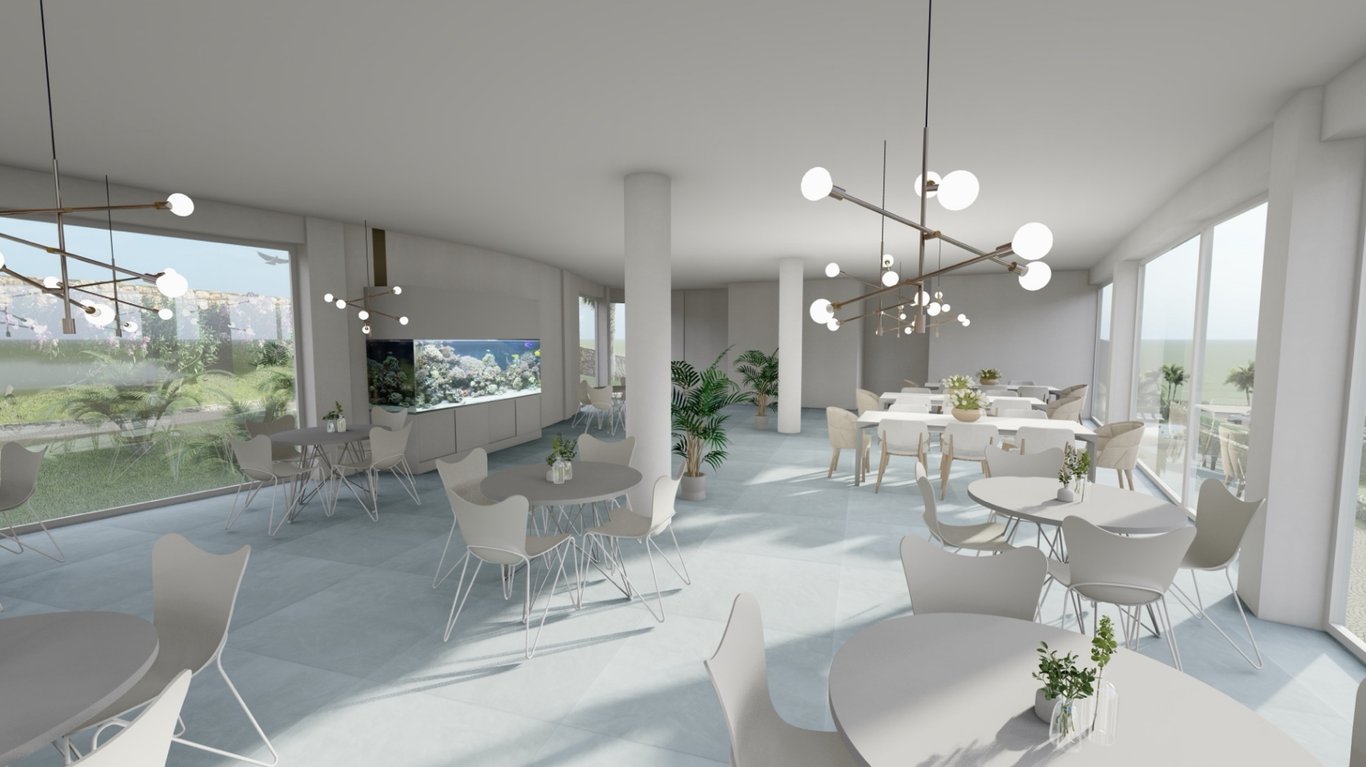 Minimalistische eetruimte met kamerhoge ramen, moderne kroonluchters, een groot ingebouwd aquarium en uitzicht op de mediterrane tuin.