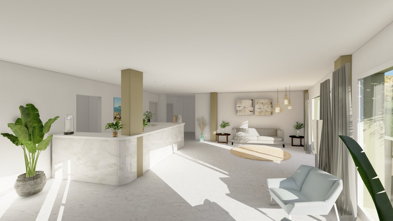 Minimalistische receptie met een wit marmeren balie, goudkleurige kolommen en een lichte lounge met stenen vloeren en grote raampartijen.