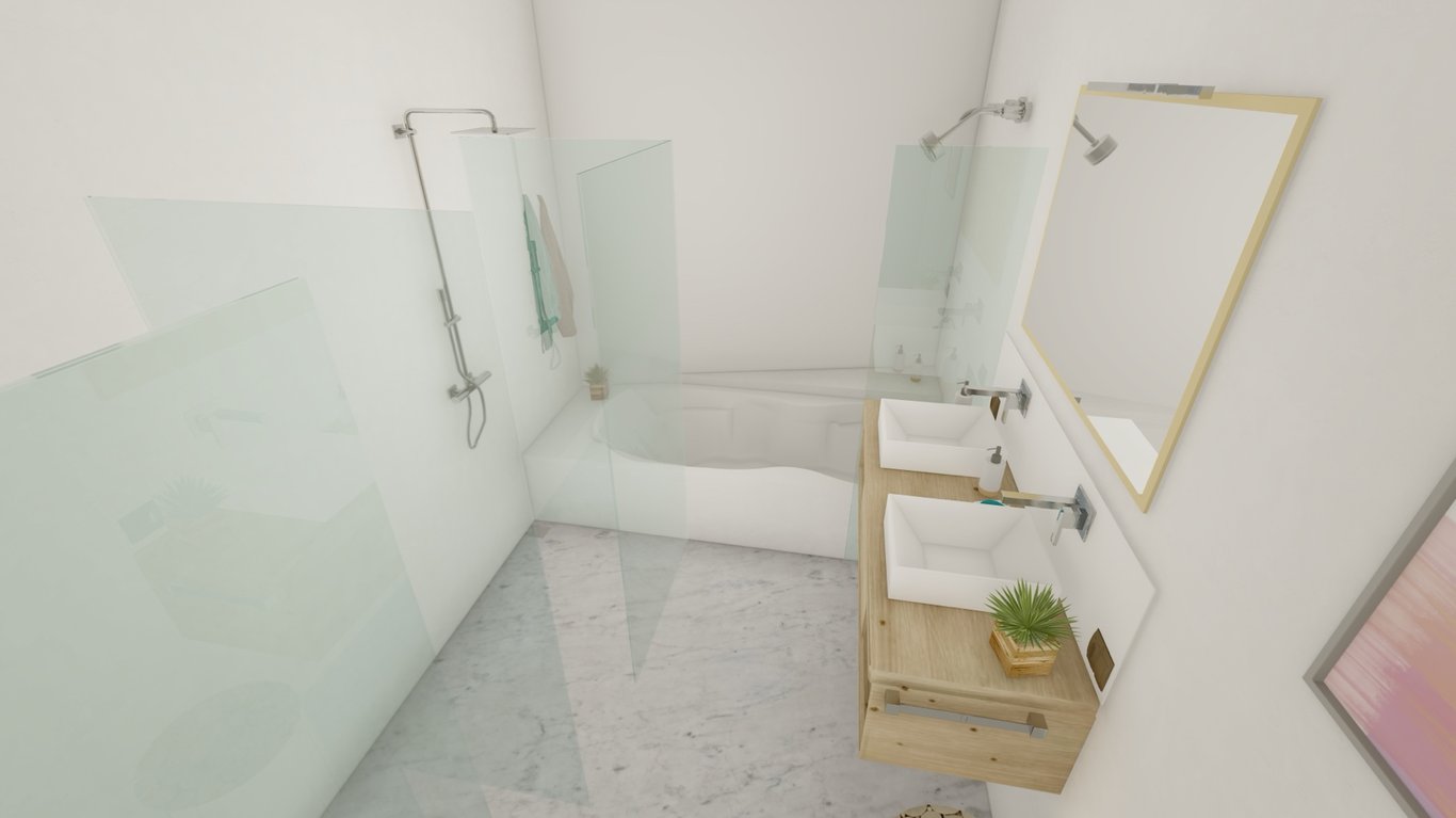 Moderne badkamer met dubbele wastafel op een zwevend houten meubel, glazen inloopdouche en een ingebouwd ligbad. Voorzien van een marmeren vloer en chromen kranen.