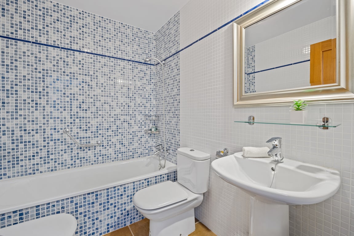Functionele badkamer met ligbad voorzien van blauw-witte mozaïektegels, een kolomwastafel en een grote spiegel met zilveren lijst.