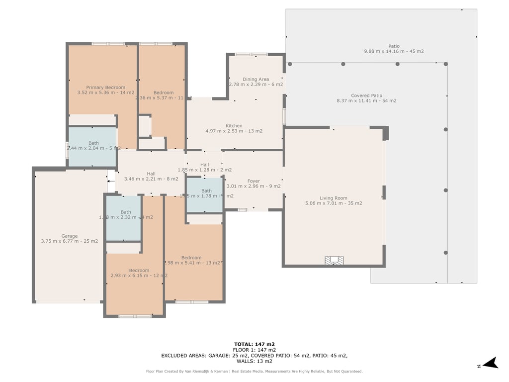 Gedetailleerde plattegrond van de villa van 147 m² met de indeling van vier slaapkamers, drie badkamers, een ruime woonkamer en een overdekt terras van 54 m².