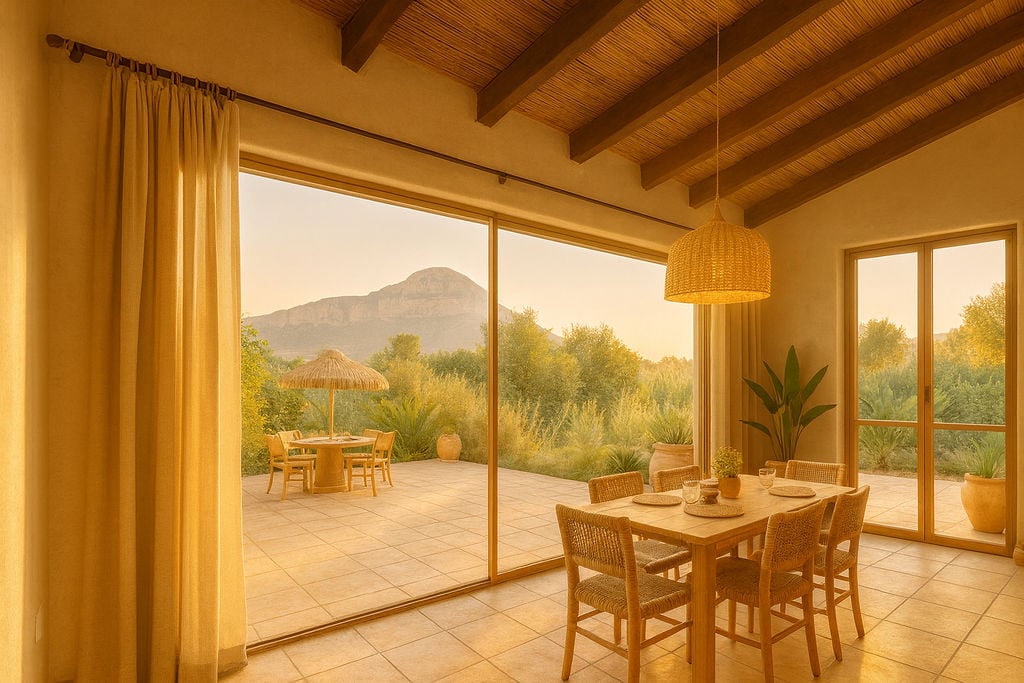 Binnen-eethoek met houten balkenplafond en rieten afwerking, grenzend aan een terras met uitzicht op de Montgó-berg en mediterrane natuur.