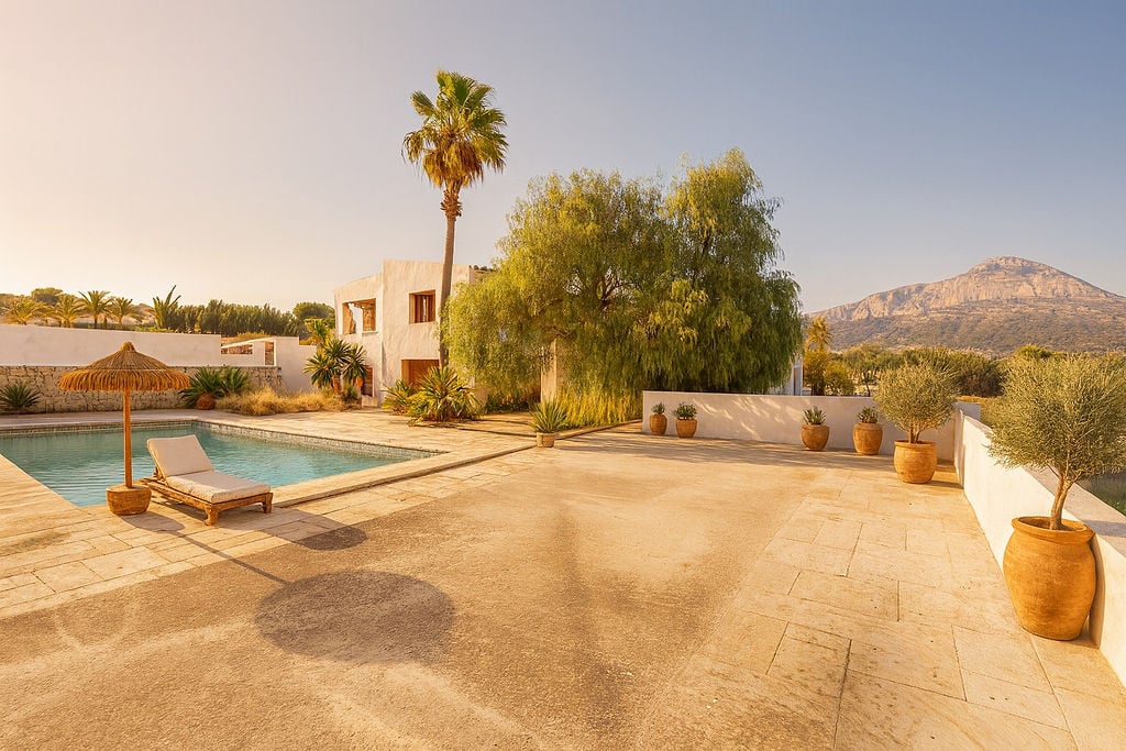 Natuurstenen terras met zwembad en mediterrane beplanting, met uitzicht op de Montgó en witgekalkte architectuur voorzien van terracotta plantenbakken.