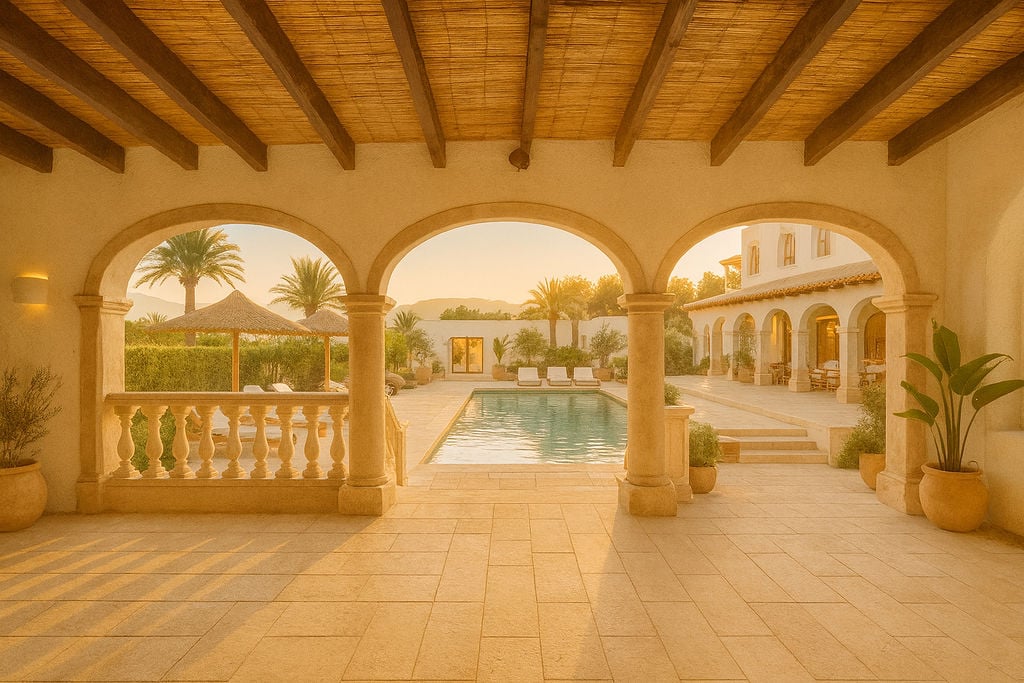 Overdekt terras met stenen bogen en houten balkenplafond, uitkijkend op het zwembad en de mediterrane tuin tijdens zonsondergang.
