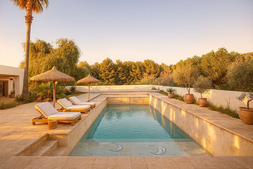 Rechthoekig zwembad met natuurstenen terras, houten ligbedden en rieten parasols, omgeven door een dicht mediterraan dennenbos.