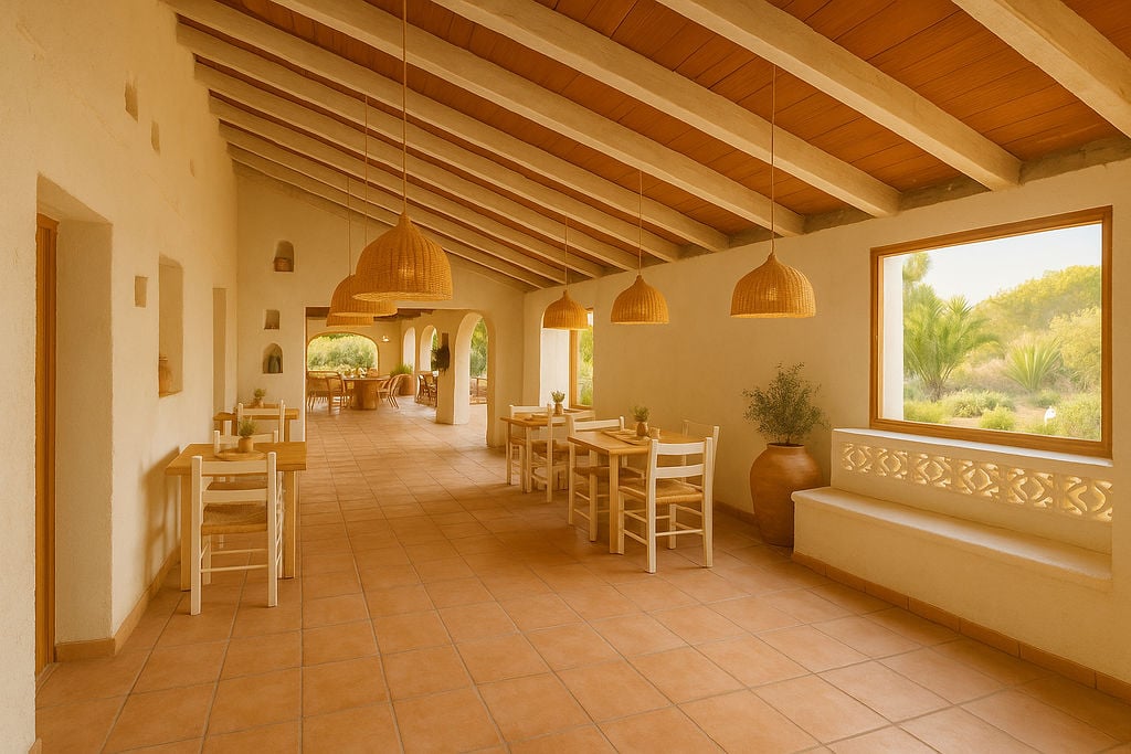 Ruime eetkamer met houten balkenplafond, terracotta vloeren en rieten hanglampen. Grote ramen bieden uitzicht op de omliggende mediterrane tuin.