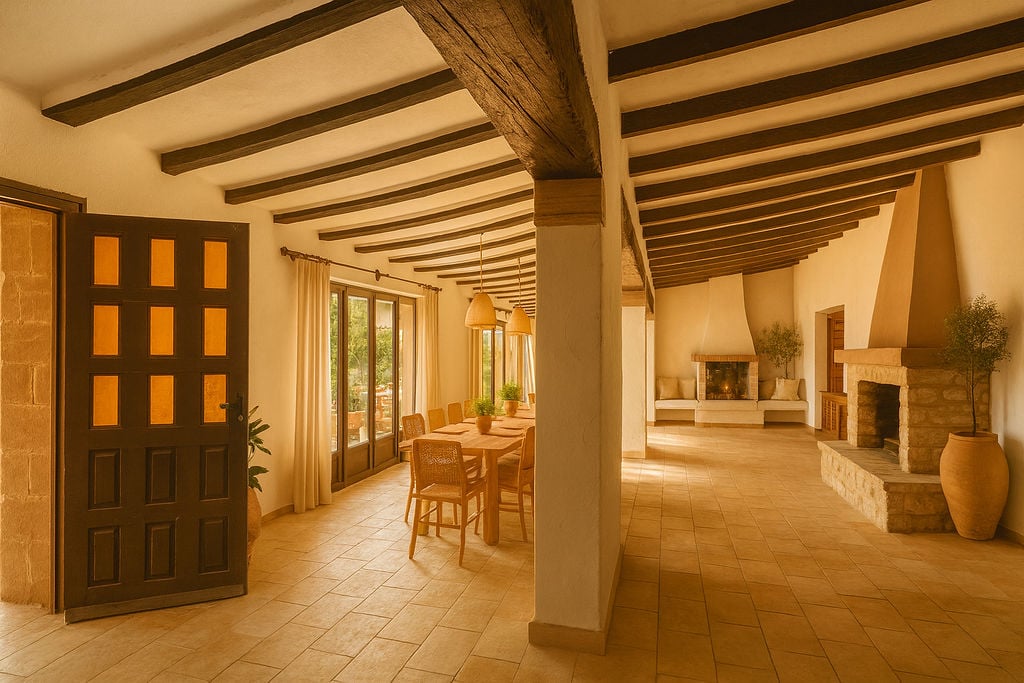 Ruime rustieke woonkamer met zichtbare houten balken, terracotta vloertegels en twee natuurstenen open haarden in een open en licht ontwerp.
