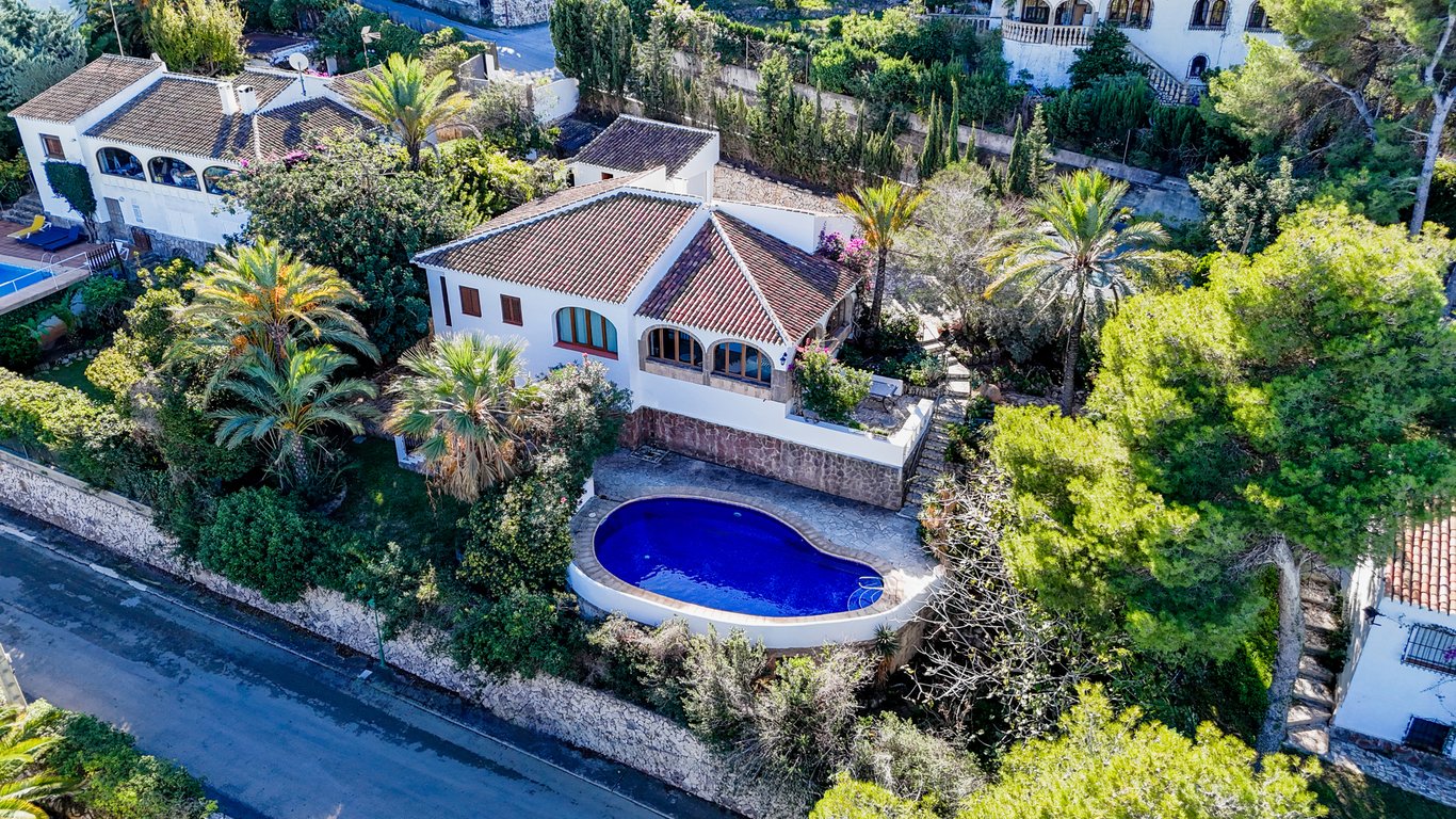 Luchtfoto van de traditionele villa met een niervormig zwembad, terracotta dak en gewelfde naya, omgeven door een volgroeide mediterrane tuin met palmbomen.