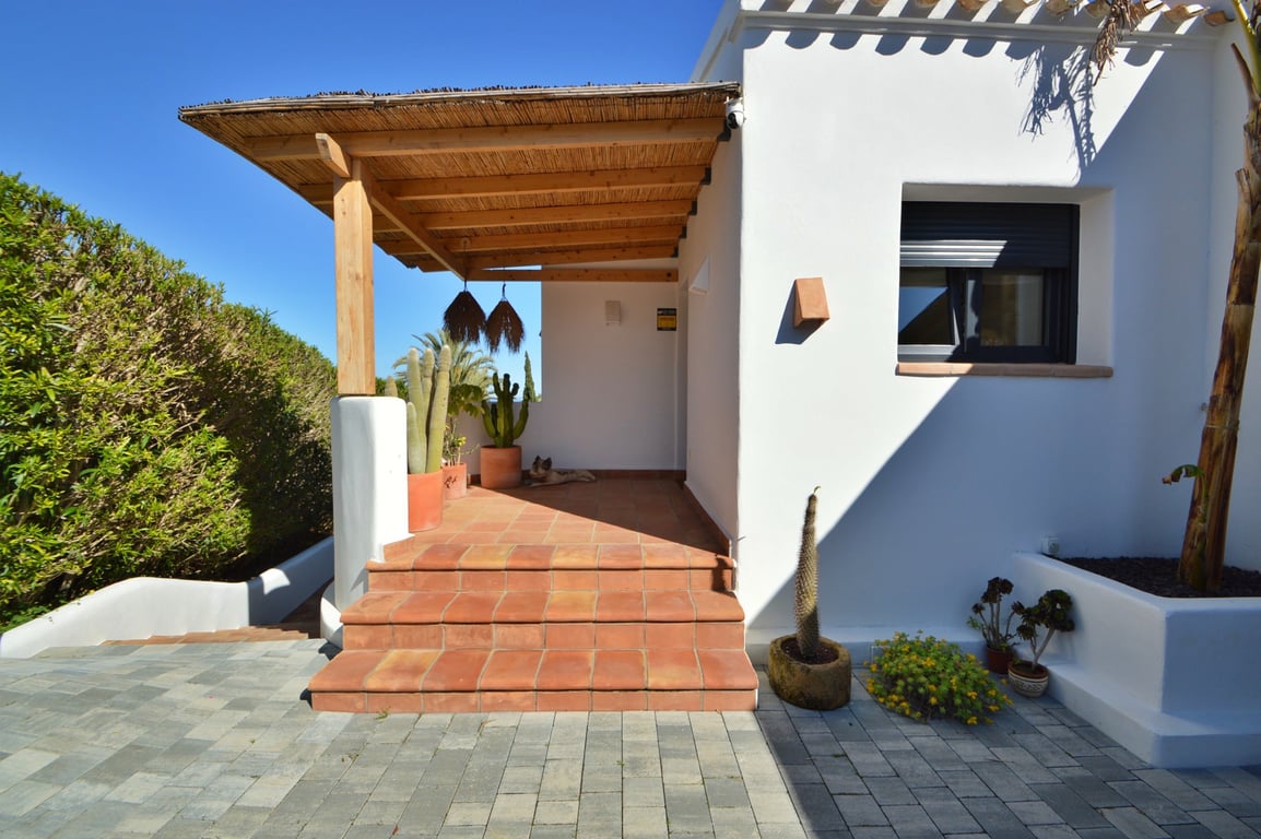 Entree in Ibiza-stijl met houten pergola, rieten dak, terracotta treden en cactussen tegen een strakke witte mediterrane gevel.