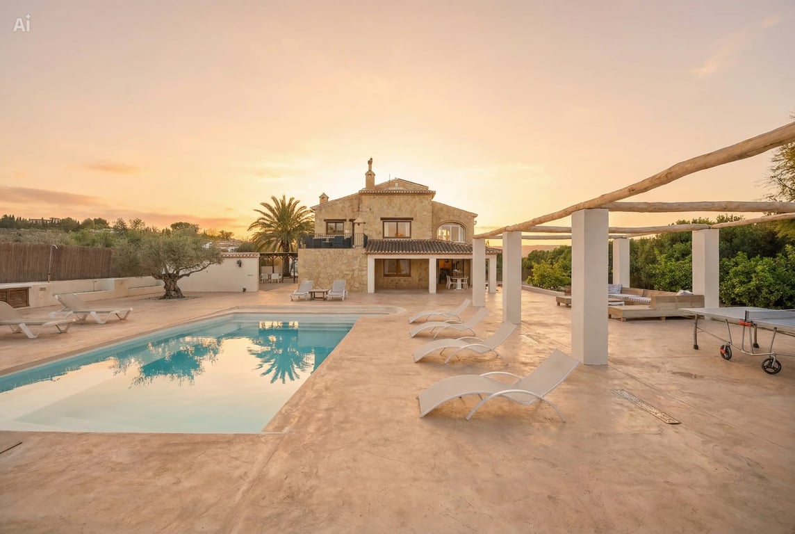 Exterieur van de villa bij zonsondergang, met het 5x10m zwembad, het ruime terras met ligbedden en de pergola met houten balken naast de natuurstenen gevel.