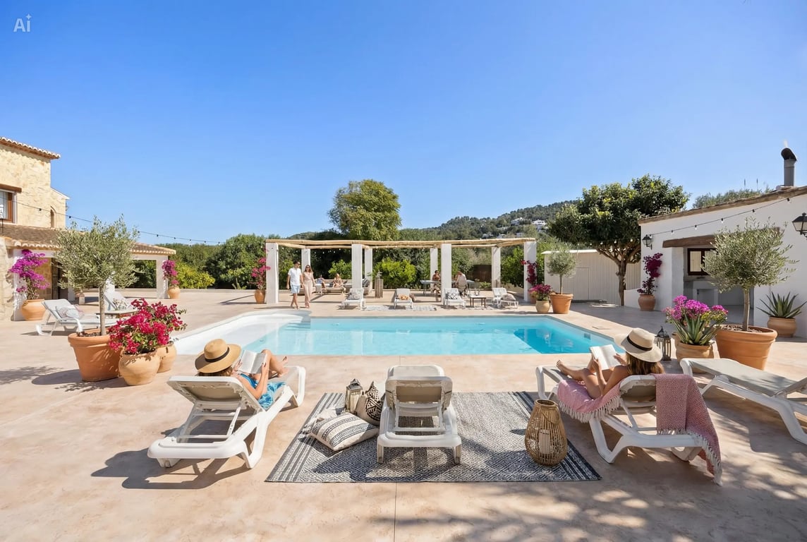 Groot gerenoveerd zwembad van 5x10 m omgeven door een ruim terras met ligbedden, mediterrane planten in potten en een pergola met vrij uitzicht.