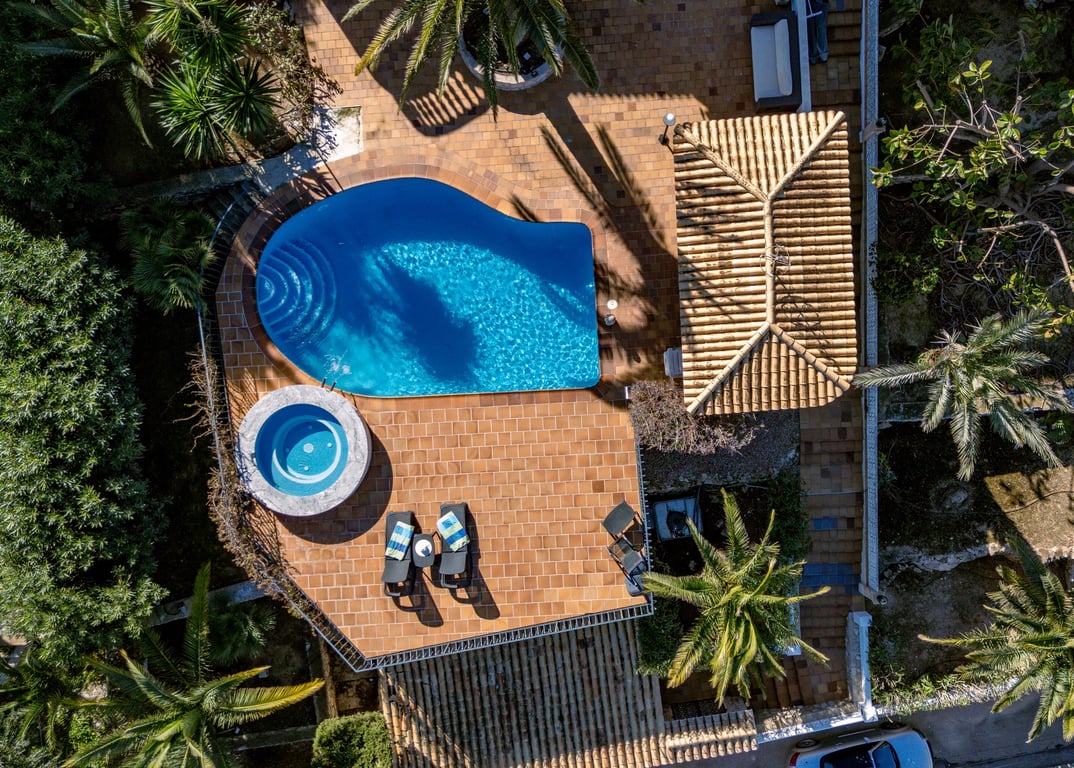Bovenaanzicht van de buitenruimte met een niervormig zwembad, ronde jacuzzi en een ruim terras van terracotta tegels, omringd door palmbomen en groen.