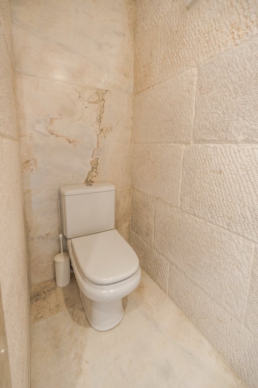 Toiletruimte met wanden van getextureerde kalksteen en gepolijst marmer, wat zorgt voor een natuurlijke en elegante uitstraling.