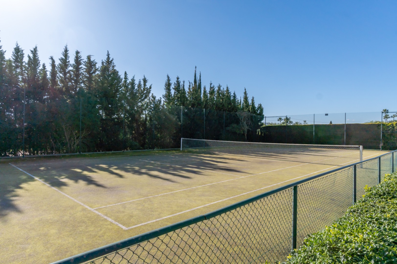 Privé-tennisbaan met kunstgrasoppervlak, omgeven door hoge cipressen en een groen hekwerk voor maximale privacy en beschutting tegen de wind.