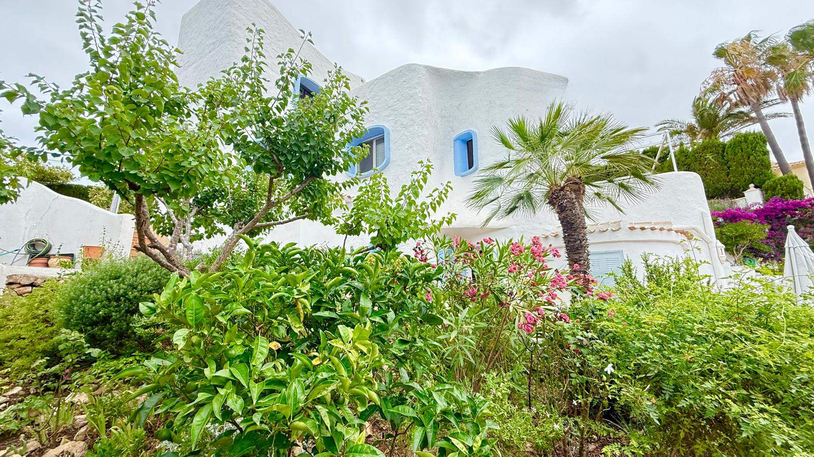 Exterieur in Ibizastijl met witte muren met textuur en blauwe kozijnen, omgeven door een volgroeide mediterrane tuin met palmbomen en weelderig groen.