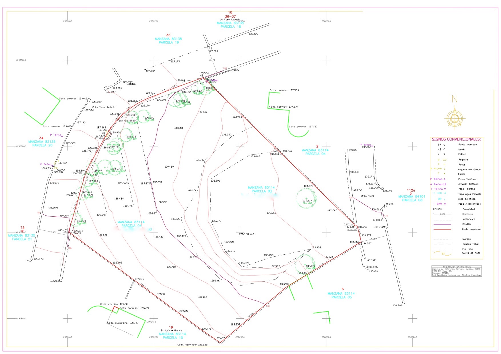 Gedetailleerd topografisch plan van de percelen met weergave van de perceelsgrenzen, hoogtelijnen, bestaande pijnbomen en toegangswegen in Costa Nova.