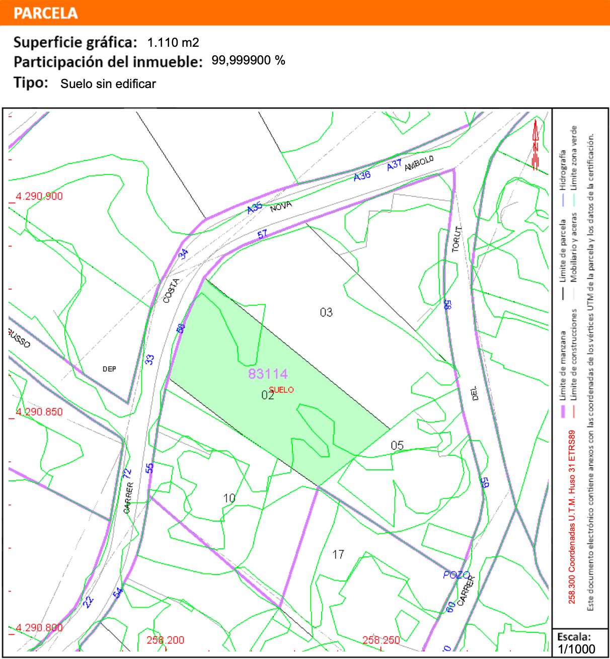 Technische kadastrale kaart van het perceel van 1.110 m2 in Jávea, met weergave van de perceelsgrenzen, toegangswegen en topografische hoogtelijnen.