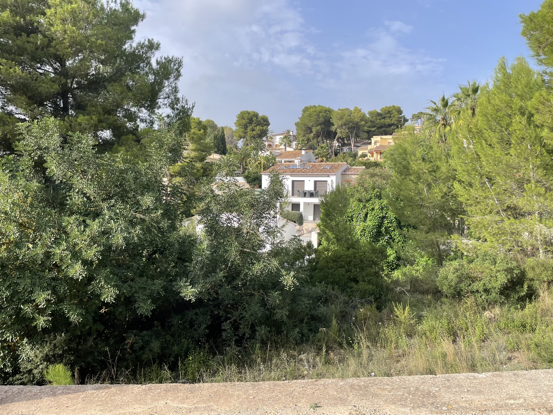 Verhoogd uitzicht op het perceel met de dichte mediterrane vegetatie en witte villa's die zijn geïntegreerd in het natuurlijke landschap van Costera del Mar.