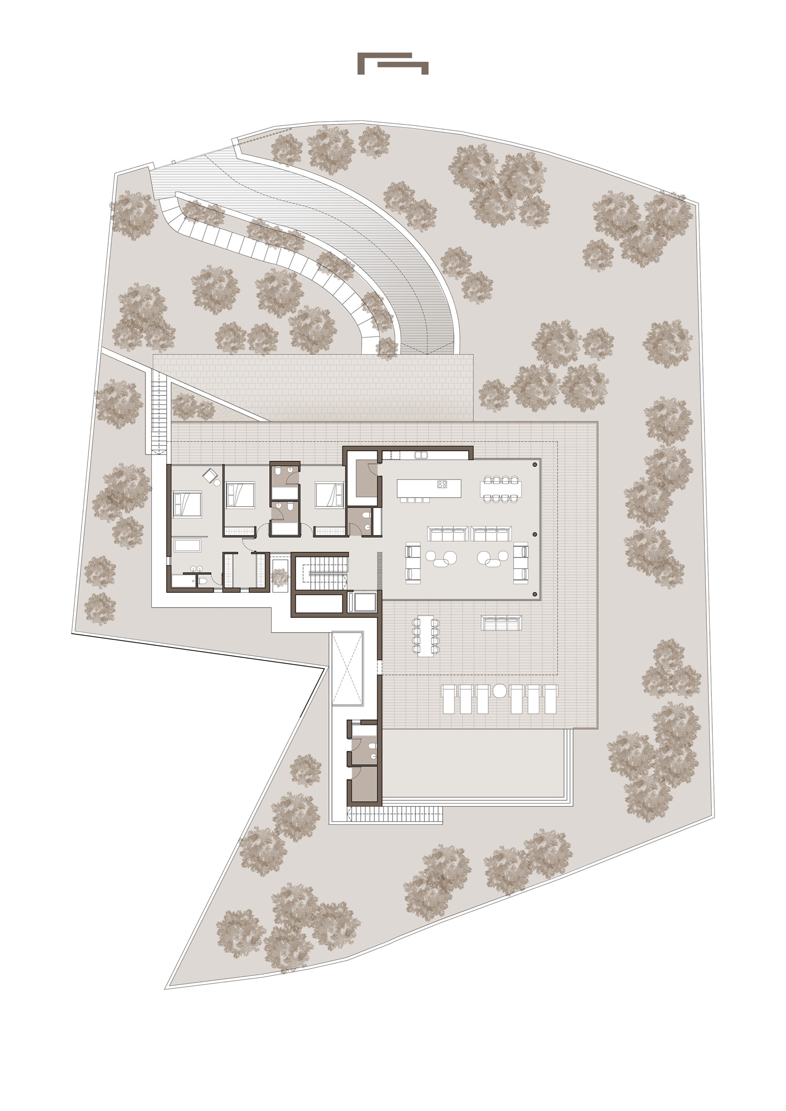 Architecturale plattegrond van de hoofdverdieping met de oprit, aangelegde tuinen en het grote terras voorzien van een zwembad en buitenlounge.