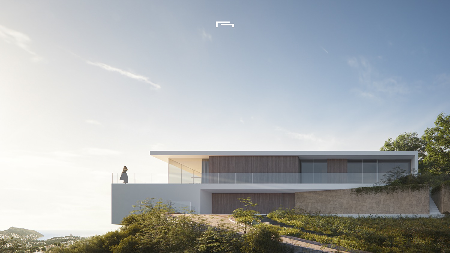 Buitenaanzicht van de moderne villa met witte gevel, houten panelen en natuurstenen muren. Het uitkragende terras met glazen balustrades biedt een weids uitzicht op de zee.