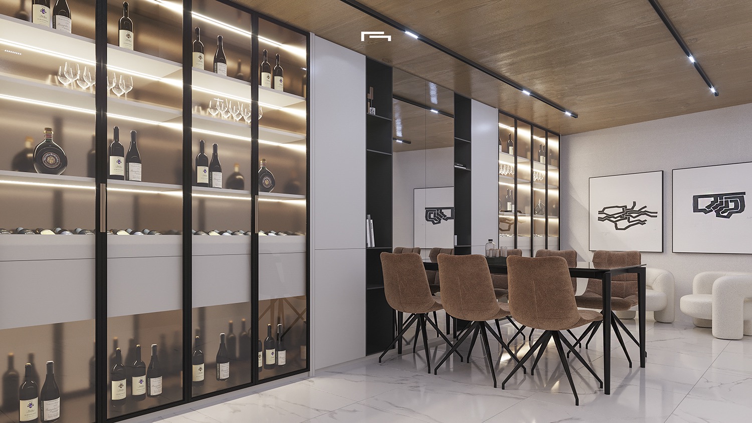 Design wijnkelder met verlichte glazen vitrines, een proeverijtafel met gestoffeerde stoelen en houten plafonds met technische railverlichting.