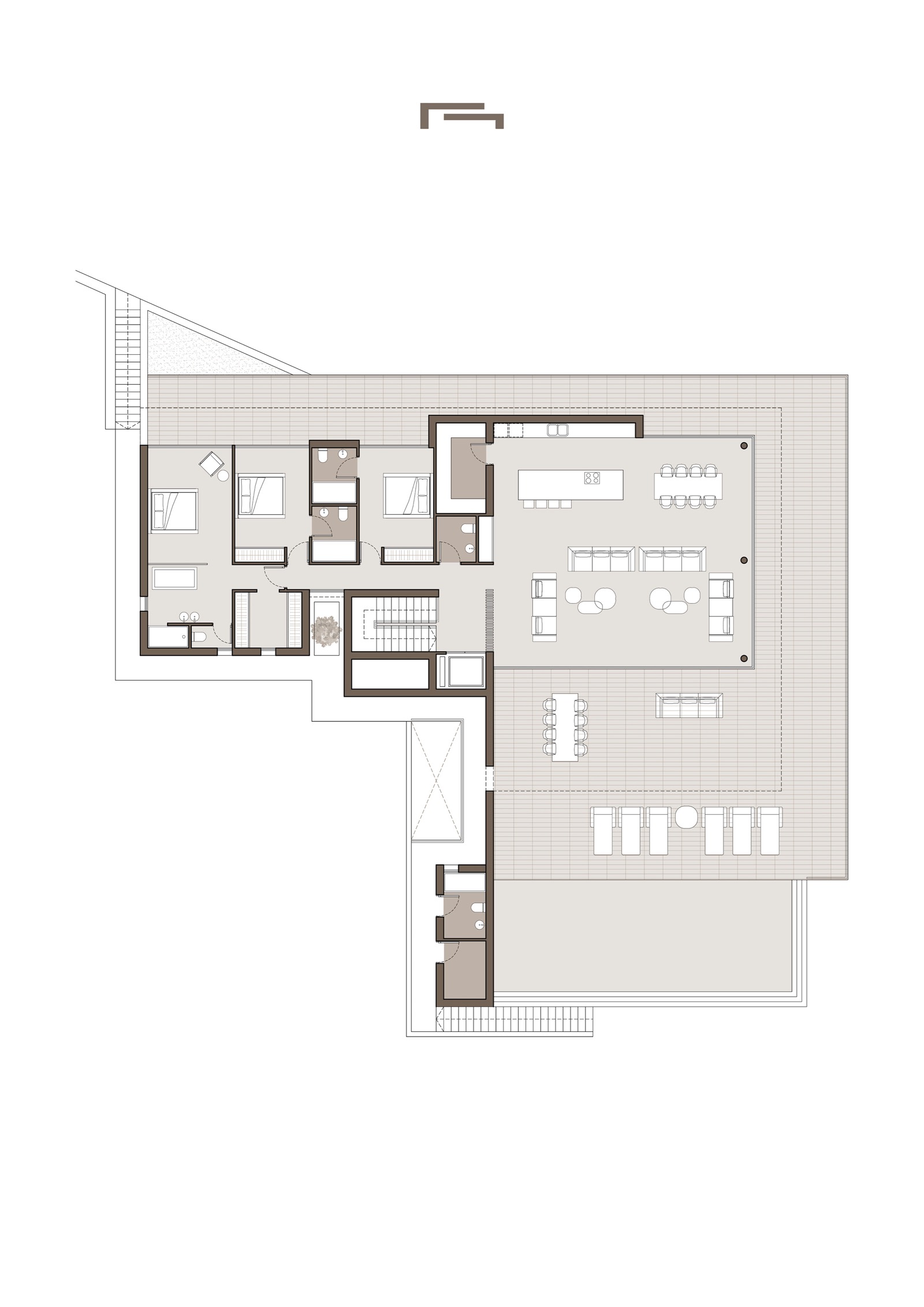 Gedetailleerde plattegrond van de bovenverdieping met open woonkamer, drie slaapkamers met en-suite badkamers en een ruim terras met overloopzwembad.