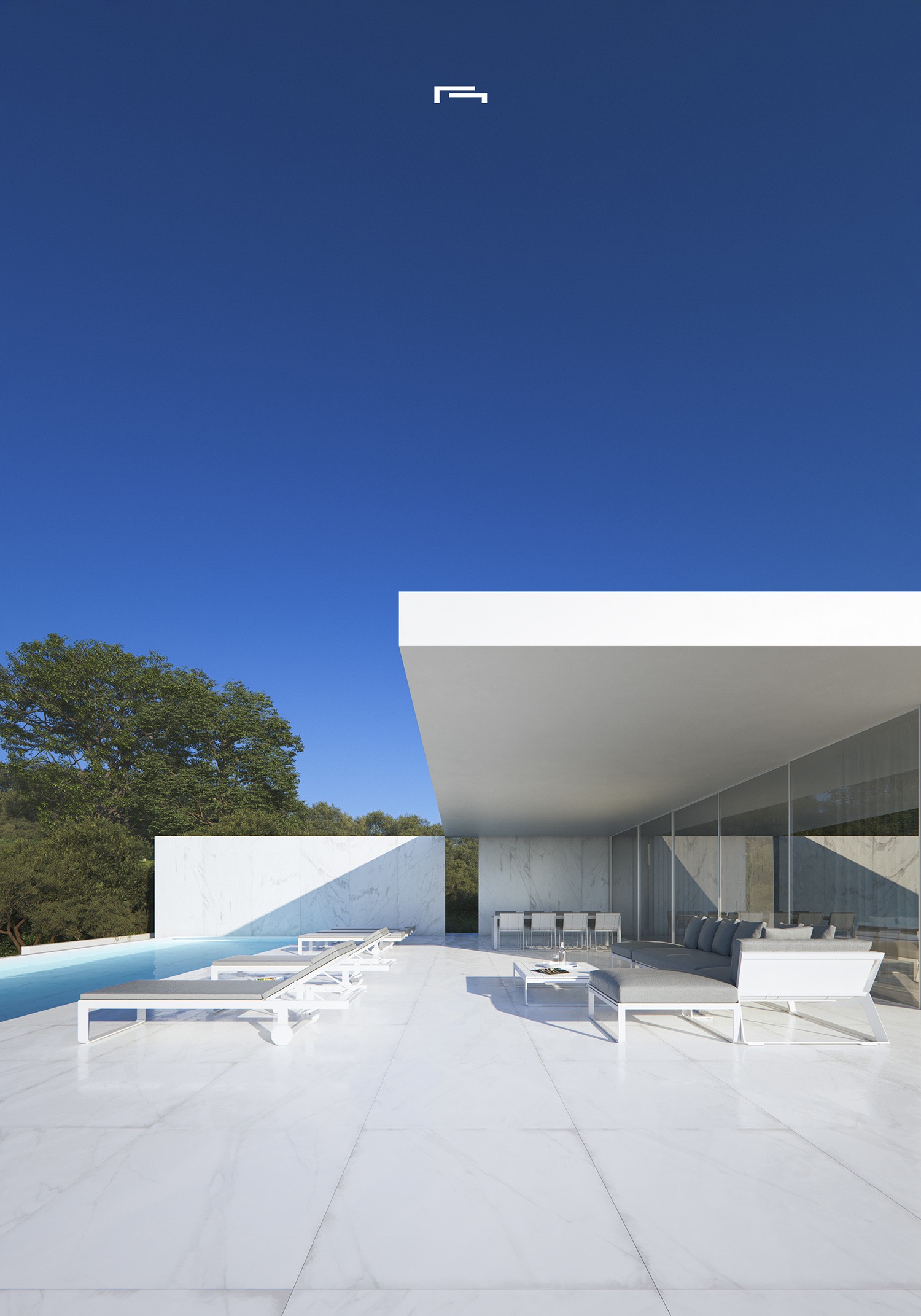 Hoofdterras met witte marmeren vloer, design buitenmeubilair en overloopzwembad onder een grote minimalistische overstek.