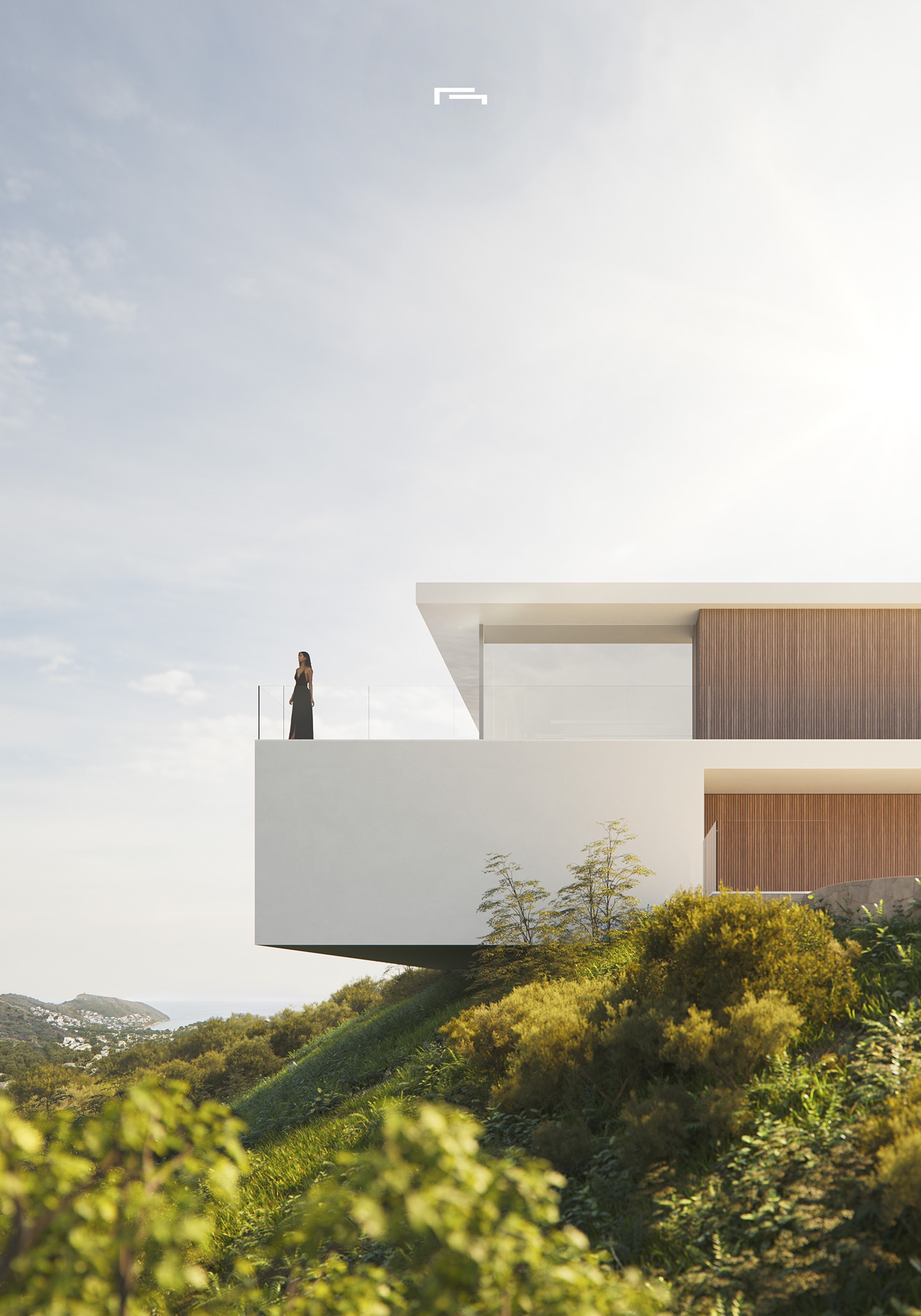 Minimalistische gevel met witte uitkragende structuren en houten lamellen, gelegen op een heuvel met panoramisch uitzicht op zee.