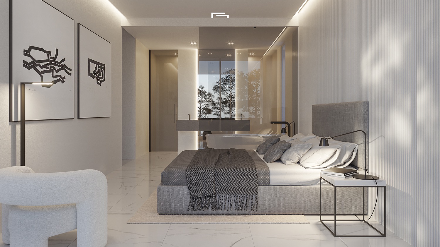 Moderne hoofdslaapkamer met witte marmeren vloer, geïntegreerde led-verlichting, wandpanelen met textuur en een open badkamer met vrijstaand bad.