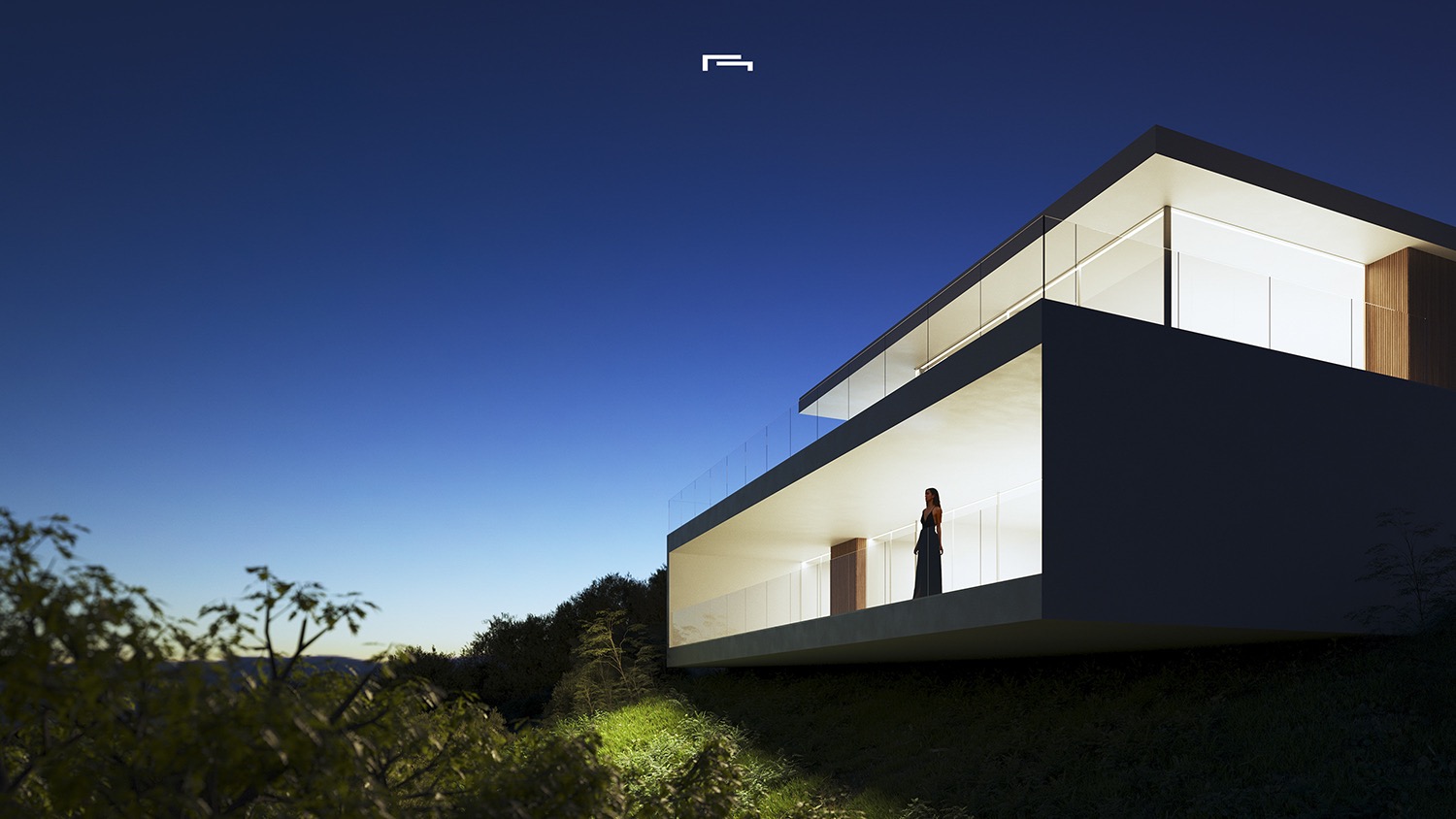 Nachtelijk exterieur van de moderne villa met uitkragende verdiepingen, glazen balustrades en warme verlichting die de minimalistische lijnen accentueert.