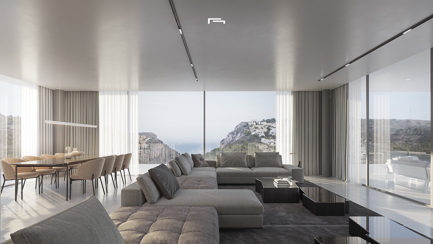 Open woon- en eetkamer met kamerhoge ramen, panoramisch uitzicht op zee, een grote hoekbank en minimalistische technische plafondverlichting.