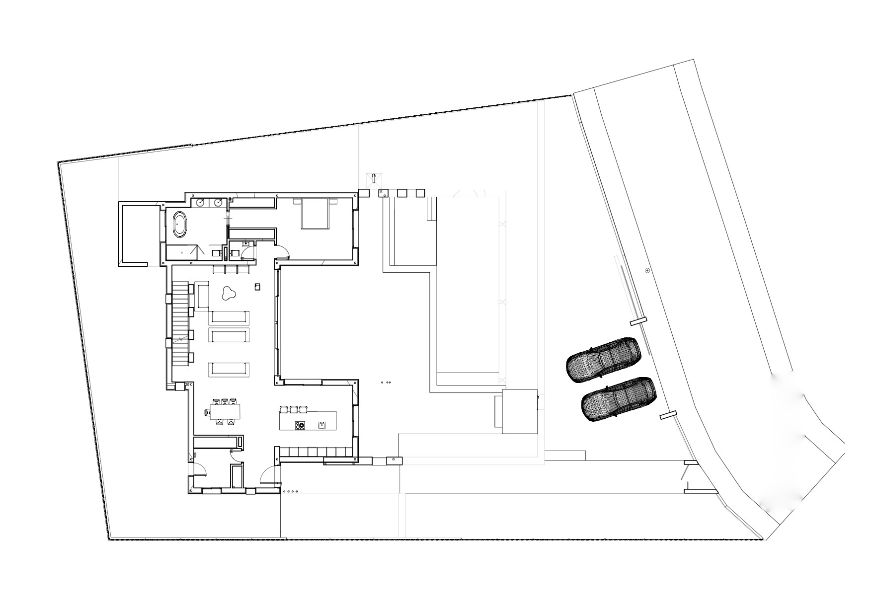 Architectonisch plan van de villa met de indeling van de binnen- en buitenruimtes, inclusief het zwembad en de parkeerplaats.