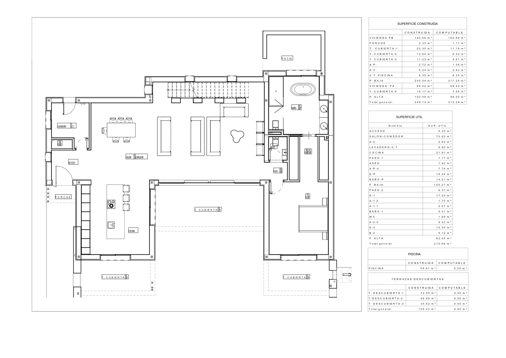 Architectonische plattegrond van de begane grond, met de indeling van de keuken, woon-eetkamer en patio.