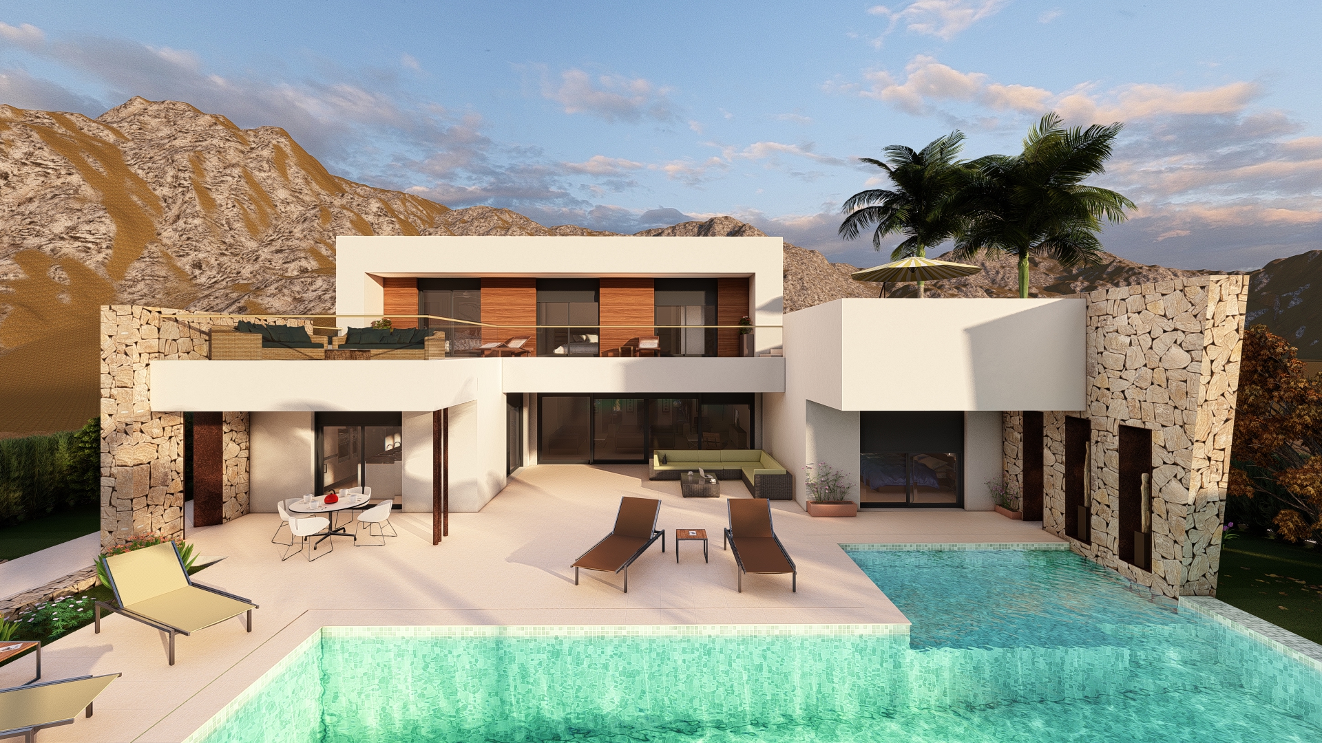 Buitenaanzicht van de villa met turquoise zwembad en natuurstenen gevel. Terrasmeubilair en uitzicht op de bergen.