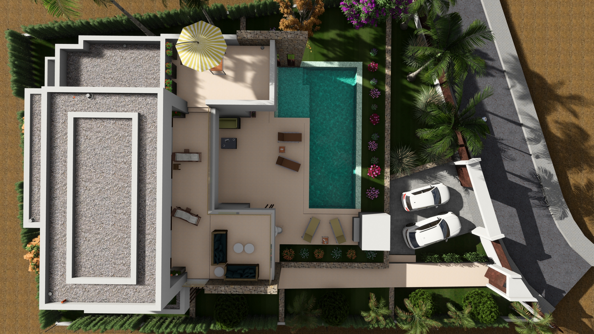 Luchtfoto van de villa met rechthoekig zwembad, tuin en parkeerplaats met twee auto's.