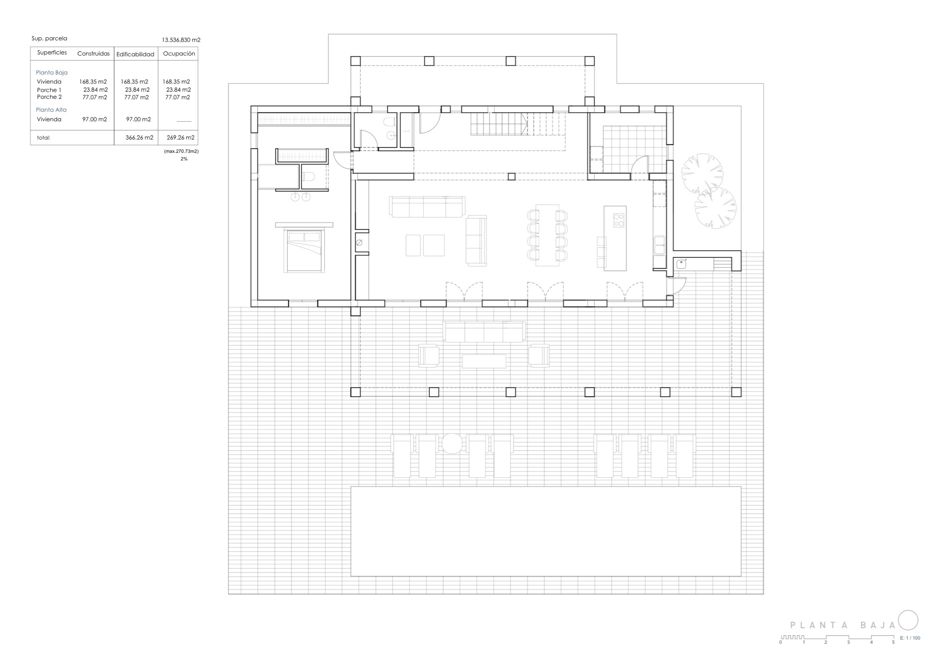 Architectonisch plan van een villa met zwembad, terras en tuin op de begane grond.