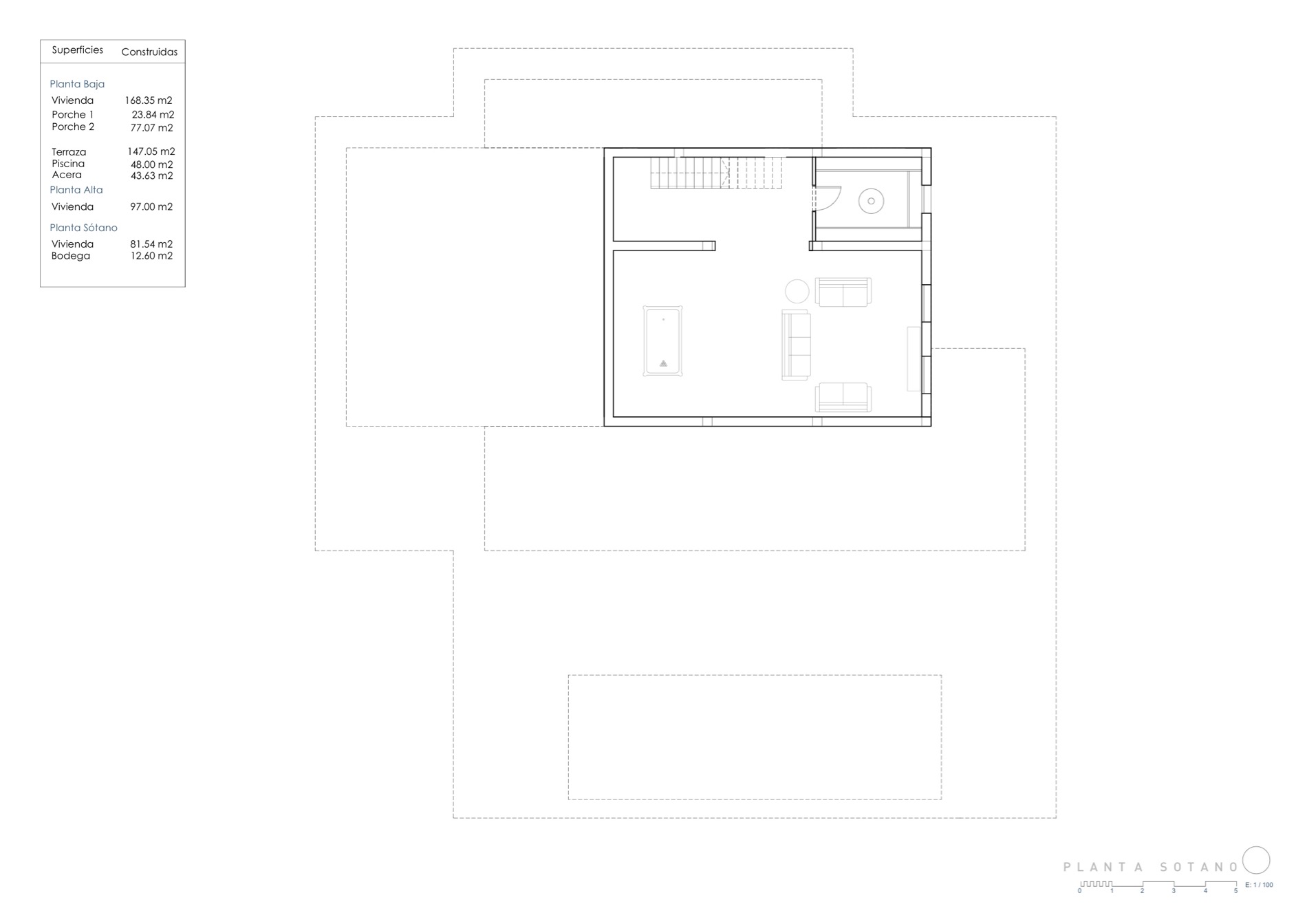 Architectonische plattegrond van de begane grond met de indeling van de woning, het terras en het zwembad.