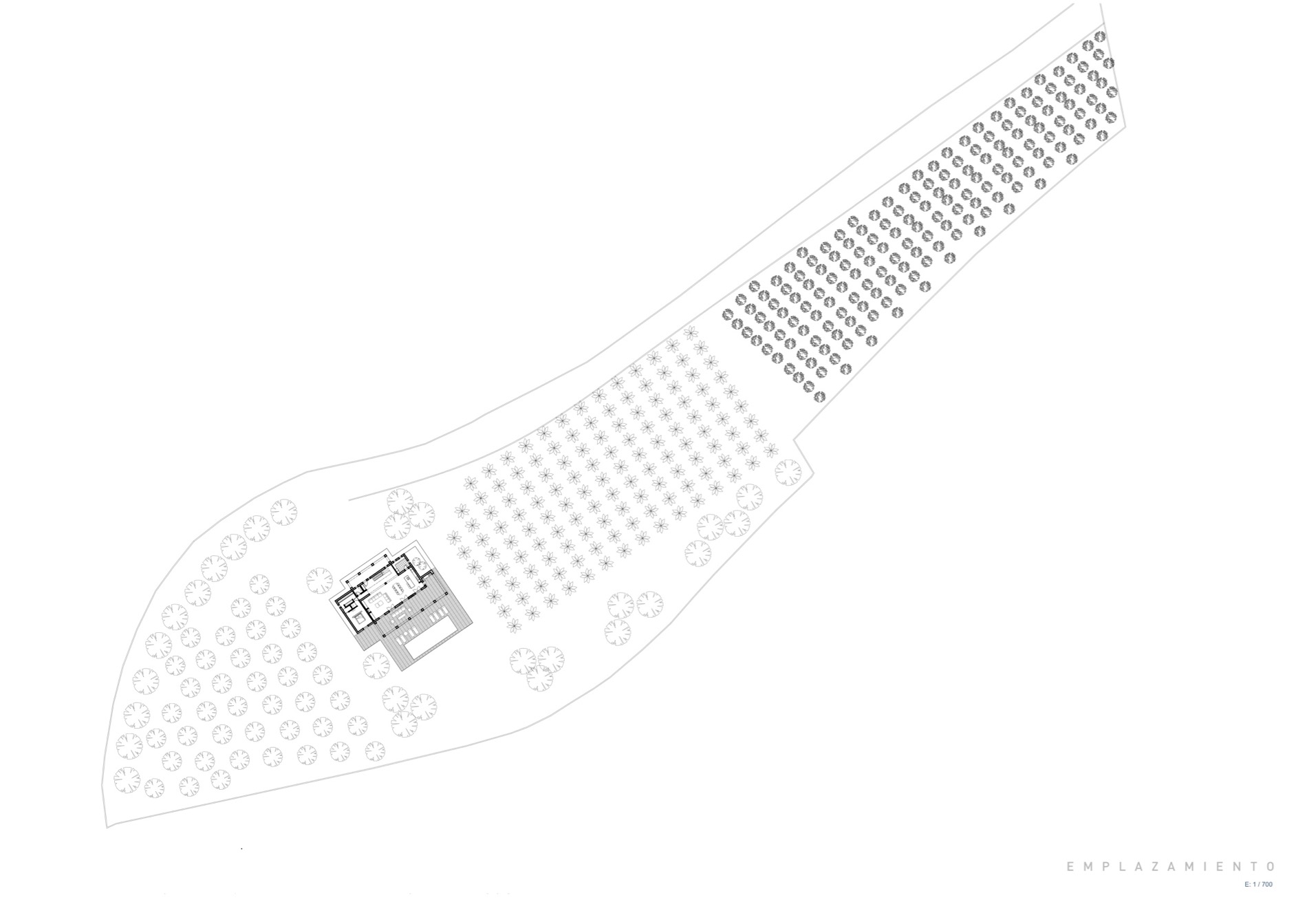 Plattegrond van villa in Jávea met zwembad en bosrijke tuin.