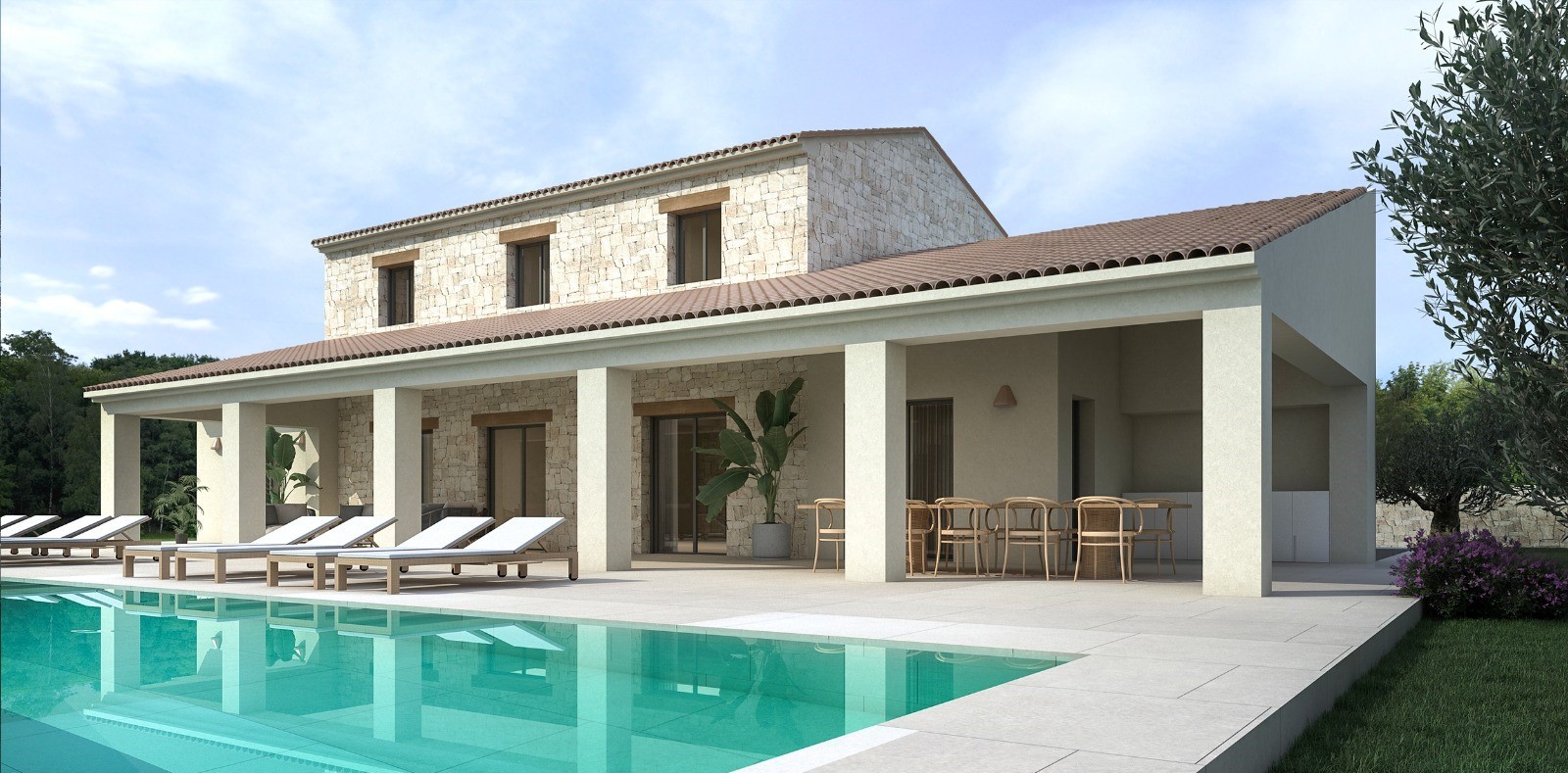 Villa-aanzicht met turquoise zwembad, stenen gevel en overdekt terras met buiteneethoek.