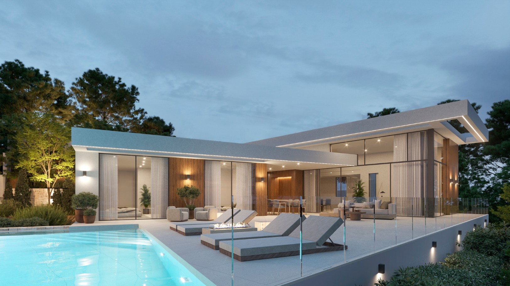 Exterieur van de moderne villa bij avondlicht, voorzien van een verlicht zwembad, ruim terras met glazen balustrades, loungehoek met vuurplaats en houten geveldetails.