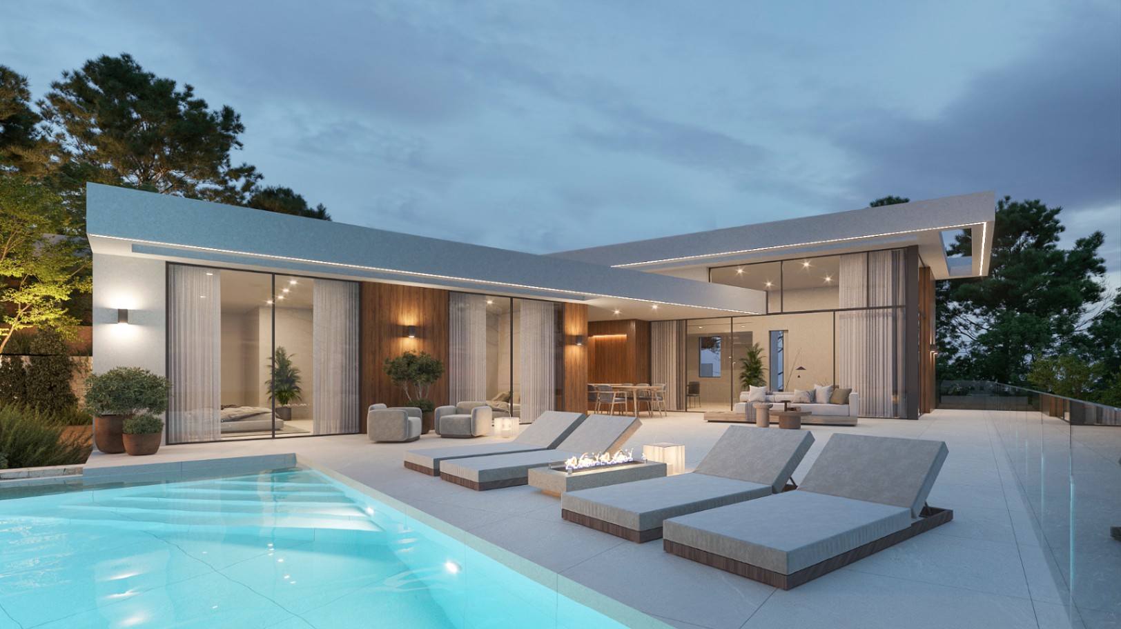 Exterieur van een moderne villa bij schemering met een groot terras, verlicht zwembad, ligbedden met vuurkorf en houten gevelpanelen met kamerhoge glazen puien.