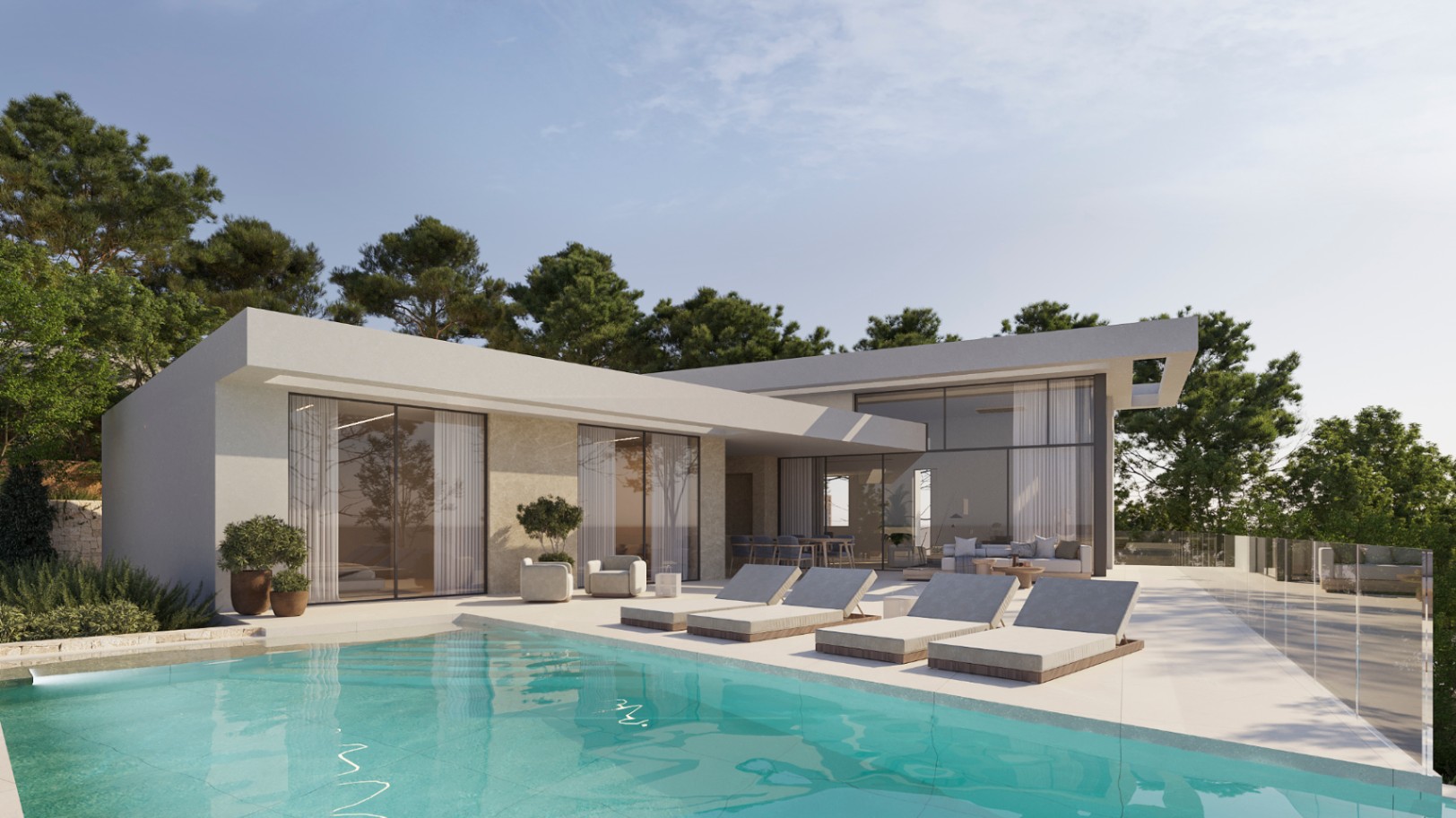 Exterieur van een moderne villa met overloopzwembad, terras van porseleinen tegels, design ligbedden en grote glazen puien die binnen en buiten verbinden.